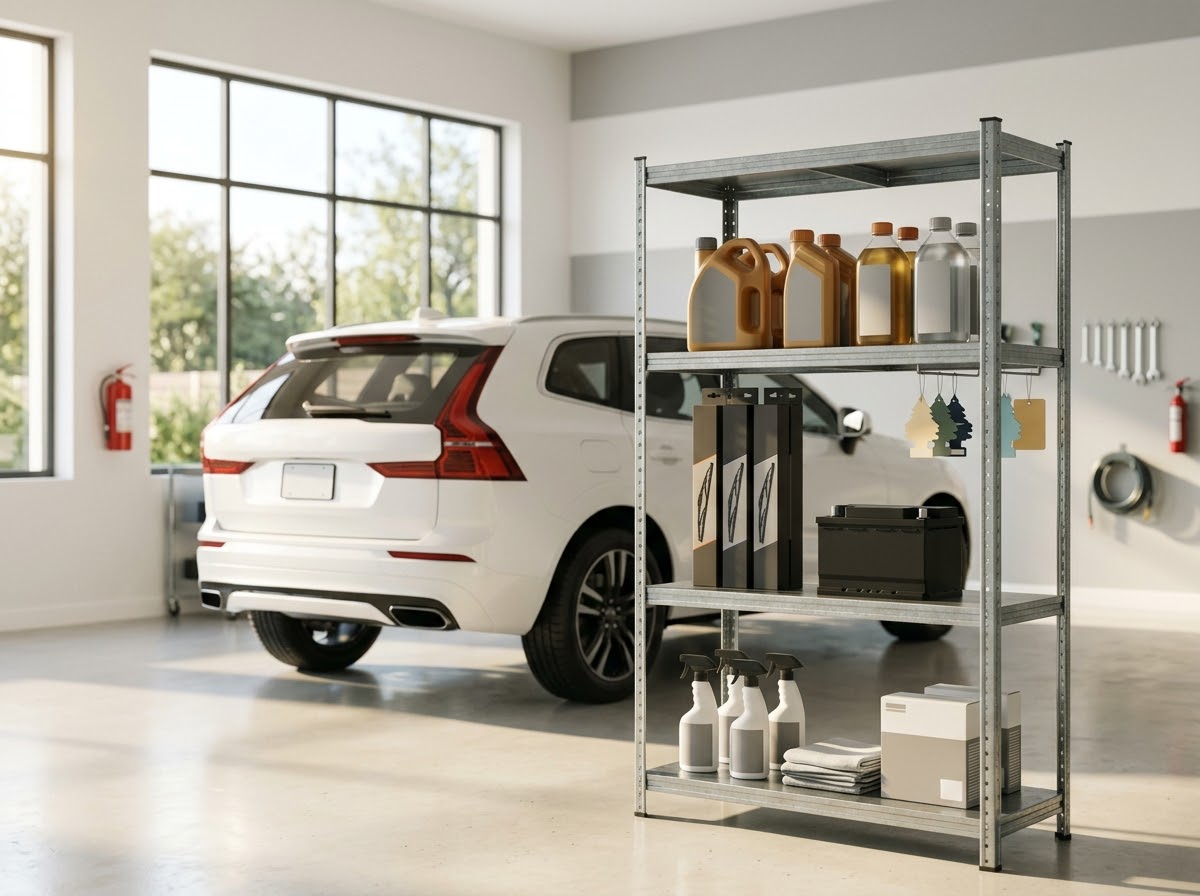Car essentials shelf with parts and the car parked behind