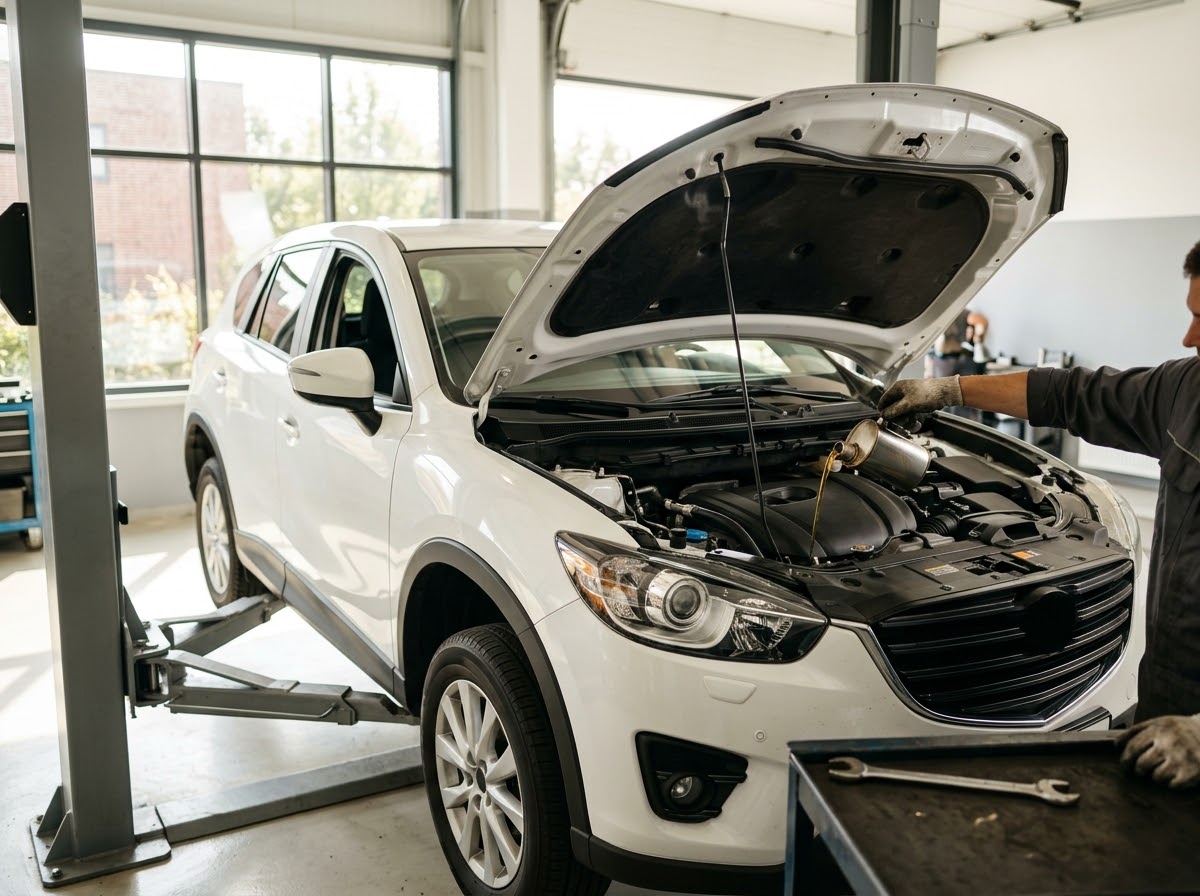 Car raised on lift for oil change