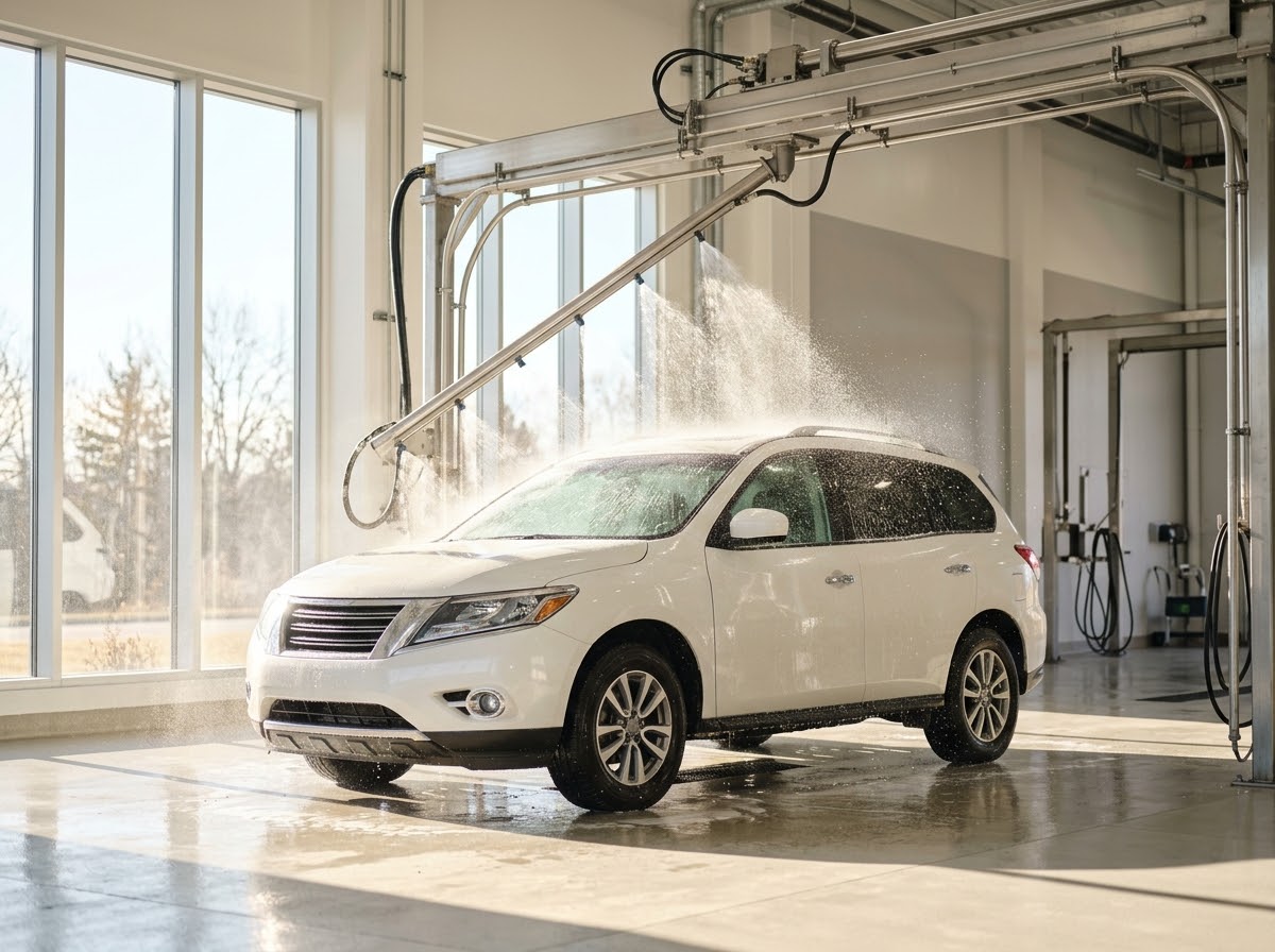 Touchless wash bay with car under spray arm